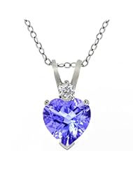 0.58 Ct Tanzanite & Sapphire Sterling Silver Heart Shape Pendant With 18" Chain