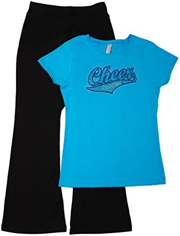 Activewear Apparel Cheer Big Girls Cheer T-shirt and Shorts Set (Small, Black/Blue Glitter)
