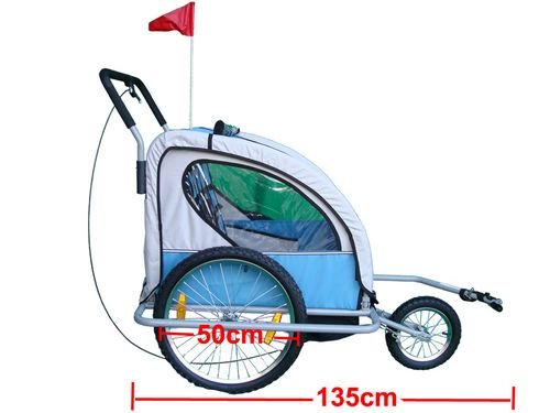 KMS Child 3 In 1 Folded Bike Trailer Stroller Jogger Seat Buggy Lightweight Blue Gray 1-2 Child 5 Point Harness With Canopy Visible Flag