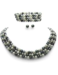 Sterling Silver 6-7mm 3 Rows Freshwater Pearl Necklace 18" Length with Matching Bracelet 7.5" and Free Stud Earring.
