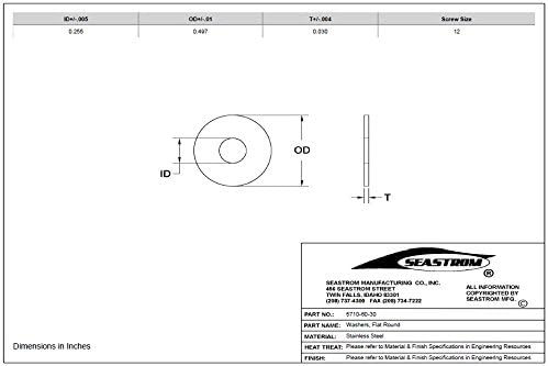 1/4 Inch Stainless Steel Flat Washers - 1/4 Inch ID x 1/2 Inch OD (Screw Size #12) - 100-Count - Seastrom 5710-60-30