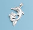Sterling Silver Pendant - Dolphin With Flower - Clear Cubic Zerconia - 31mm Height