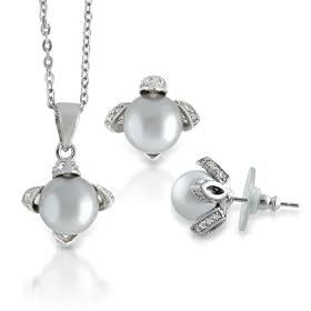 Sterling Silver CZ and Grey Pearl Necklace and Earring Set