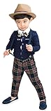 (コ-ランド) Co-land 子供服 男の子スーツ 上下セット 男児ワイシャツ キッズ長袖シャツ ベビー ロングパンツ 赤ちゃん チェック柄ズボン サスペンダーと蝶ネクタイ付き ネイビー サイズ7