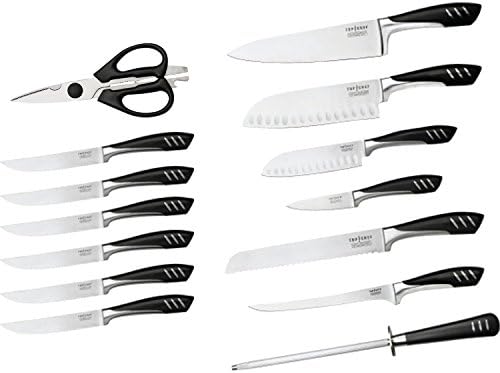 Premium Top Chef Black 15 Piece Stainless Steel Knives Block Set with a Victorinox Sharpening Steel Combo
