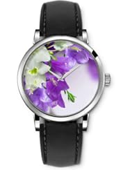 SPRAWL Aanalog Fashion Series Silver Ladies Watches of Genuine Black Leather Strap,Unique Wrist Watch for Women Girls Designed with Purple and white Lilies