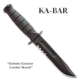 Short Ka-Bar Black Tanto Knife, Serrated, Leather Sheath