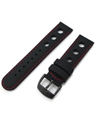 3 Punch Holes Black Silicon, Red Stitches 22mm Watch Strap, PVD Buckle
