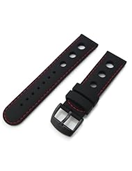 3 Punch Holes Black Silicon, Red Stitches 20mm Watch Strap, PVD Buckle