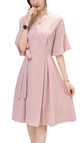 (サラキッド） SaraKid Vネック フレア シフォン フリル リボン ワンピース ピンク ひざ丈 レディース 上質 シンプル フェミニン 大人 エレガント きれいめ デザイン