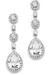 Mariell Platinum Plated Cubic Zirconia Clip-On Dangle Earrings for Brides with Pear-Shaped Drops