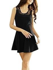 Round Neck Sleeveless Tank Cotton/Polyester Sheer Lace Banding  Dress With a Sash 