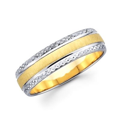 Solid 14k Yellow and White 2 Tone Gold Mens Satin Diamond Cut Design Wedding Ring Band 6MM Size 8.5