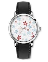 SPRAWL Aanalog Fashion Series Silver Ladies Watches of Genuine Black Leather Strap,Unique Wrist Watch for Women Girls Designed with Drawing of blue and red flowers