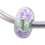 Purple Flowers On Green With CZs Murano Glass Charm Bead fits European Bead Bracelets