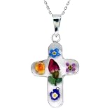 Sterling Silver Pressed Flower Cross Pendant Necklace , 16
