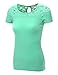 Doublju Women Short Sleeve Shoulder Lace Designed Round Neck Slim Fit Top