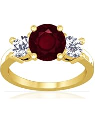 18K Yellow Gold Round Cut Ruby Three Stone Ring