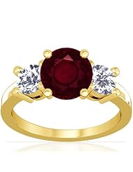 14K Yellow Gold Round Cut Ruby Three Stone Ring