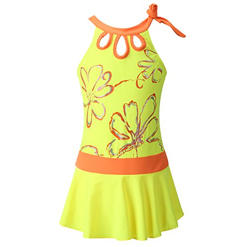 Chrysea Girls Glittery Floral Print One Piece Swimsuit (10-11 Years, Yellow)