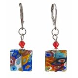 Earrings - E163 - Millefiore Squares ~ Clear with Multi Flowers