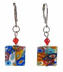 Earrings - E163 - Millefiore Squares ~ Clear with Multi Flowers