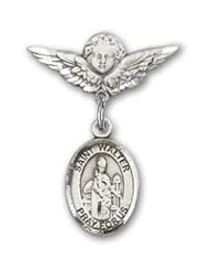 Sterling Silver Baby Badge with St. Walter of Pontnoise Charm and Angel with Wings Badge Pin