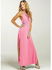 Elasticized   Waistline Halter Sleeveless Cowl Neck Cotton/Jersey Slit Maxi Dress 