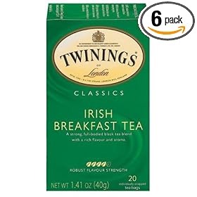 Twinings Irish Breakfast Tea, Tea Bags, 20-Count Boxes (Pack of 6)