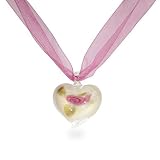 Eve's Addiction White Murano Glass Heart Pendant with Rose Ribbon