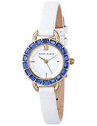 Anne Klein Womens AK/1676BLWT Blue Swarovski Crystal Accented Thin White Leather Strap Watch