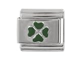 SilverBin Enamel Paint Good Luck Irish Four Leaf Clover Stainless Steel Italian Charm Link