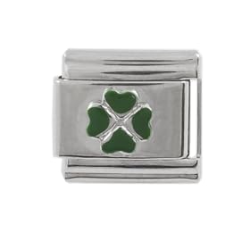 SilverBin Enamel Paint Good Luck Irish Four Leaf Clover Stainless Steel Italian Charm Link