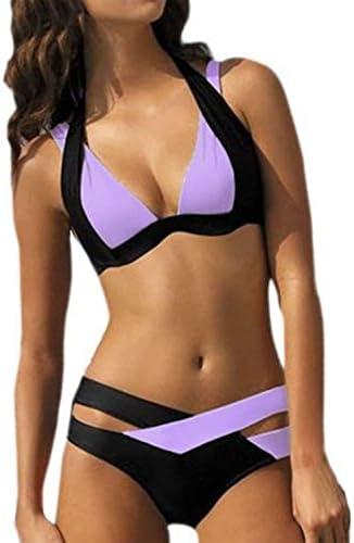 Geritu Womens Cross Double Colored Padded Push Up Halter Bikini Bra Set Swimsuit Purple M
