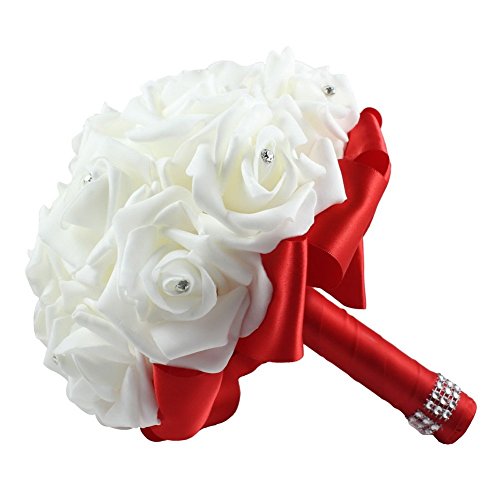 OurWarm® Red Crystal Roses Pearl Bridal Bridesmaid Wedding Bouquet Artificial Silk Flowers with 1pcs Glue Stick
