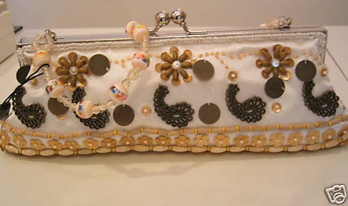 Bridesmaid Prom Evening Beaded Clutch Purse Bag, Handbag, wrist handle, ivory beige bronze brown