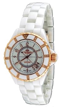 Oniss #ON643-LRG Women's Diamond Accented Rose Gold Trim White Ceramic Watch