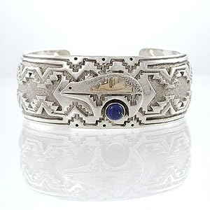 Southwestern Native American Handcrafted Bear Cuff Bracelet in Lapis, Sterling Silver and 14kt Gold by Navajo Artist Jefferson Brown, #7798