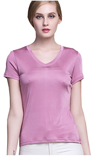 METWAY Women's Short-Sleeve New Mulberry Silk V-Neck T-Shirt
