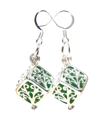 Recycled Emerald Beer Bottle Silver Filigree Box Earrings