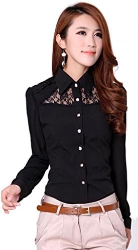 Somo Lite Women's Chiffon Lace Fitted Stand Collar OL Blouse Long Sleeve Shirt