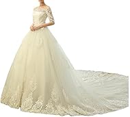 Floor Length Lace Off the Shoulder  Dress with a Cathedral Train 