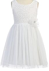 Girls Sleeveless Sequined Lace-Up Tulle Knee Length  Dress With a Sash 