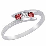 10K Gold Round 3 Stone Channel Set Diamond and Garnet Accented Ring (0.25 ctw)