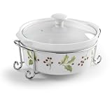 Mayfair & Jackson Round Porcelain Casserole with Vented Lid and Elegant Serving Rack, Holly Print