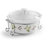 Mayfair & Jackson Round Porcelain Casserole with Vented Lid and Elegant Serving Rack, Holly Print