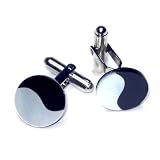 SILVER-Colored Men's Cuff Links Black & White YIN-YANG simulated Mother Of Pearl Stone Cufflinks