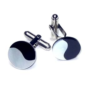 SILVER-Colored Men's Cuff Links Black and White YIN-YANG simulated Mother Of Pearl Stone Cufflinks