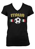 (Cybertela) Italia Flag Soccer Ball Junior Girl's V-neck T-shirt Country Sport Tee (Black, Large)