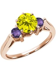 0.67 Ct Round Canary Diamond Purple Amethyst 18K Rose Gold 3-Stone Ring